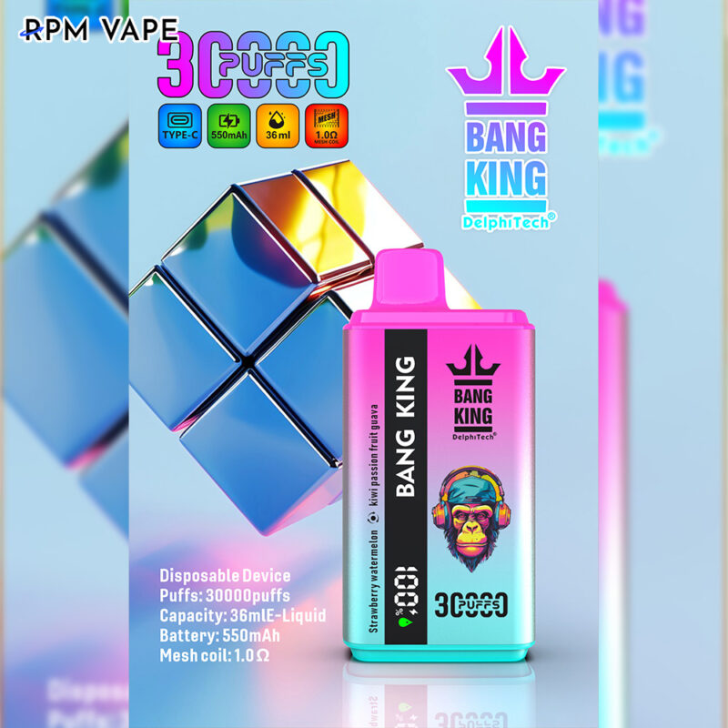 Un anuncio de un dispositivo de vapeo desechable llamado "Bang King", que destaca una capacidad de 36 ml, 30 000 bocanadas, una batería de 550 mAh y especificaciones de resistencia de malla. Presenta gráficos coloridos con un logotipo estilizado y un mono juguetón con auriculares.