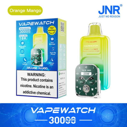 Verpackung und Produktbild der „VAPEWATCH“ in der Geschmacksrichtung Orange Mango. Das Gerät ist mit einer abnehmbaren Smartwatch ausgestattet, die Datum, Uhrzeit und Batteriestand anzeigt.