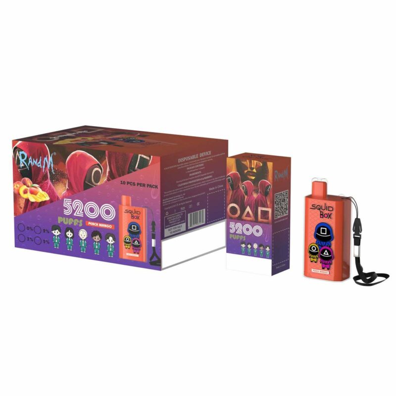 Una exhibición de un vaporizador desechable con sabor a mango y durazno de 5200 bocanadas llamado Squid Box, que presenta un arte de empaque con gráficos y símbolos coloridos que recuerdan a una popular serie de juegos.