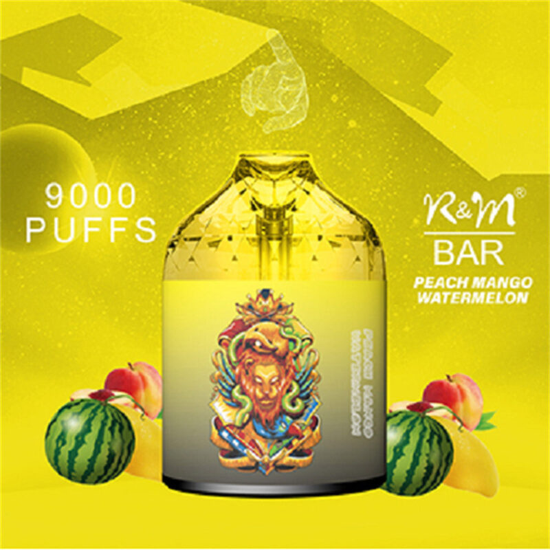A promotional image featuring an R&M bar vaping device with a yellow and artistic design, alongside fruits representing peach, mango, and watermelon flavors, marketed with '9000 puffs.'