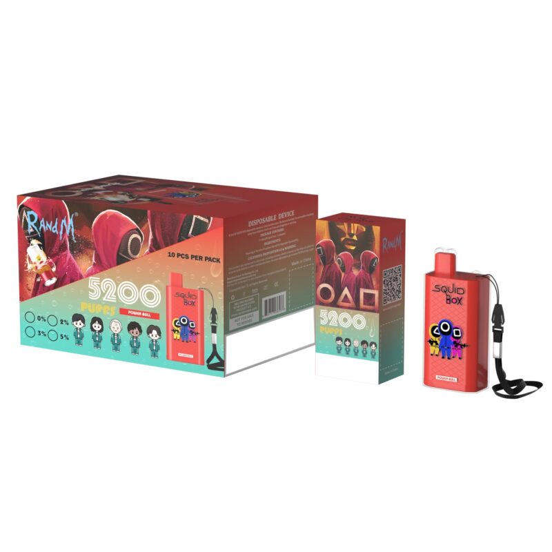 Un dispositivo de vapeo desechable Squid Box rojo y su empaque, con gráficos inspirados en la serie de televisión 'Squid Game', incluidos guardias enmascarados y símbolos como círculos, triángulos y cuadrados, con texto que indica 5200 bocanadas y opciones de sabor.