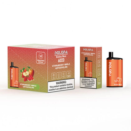 Verpackungs- und Produktfoto der Doloda Extra Box 6000 Puffs Vape im Erdbeer-Apfel-Wassermelonen-Geschmack. Zu sehen ist neben dem Vape-Gerät eine Box mit Farbverlauf, Fruchtbildern und einer Nikotinwarnung.