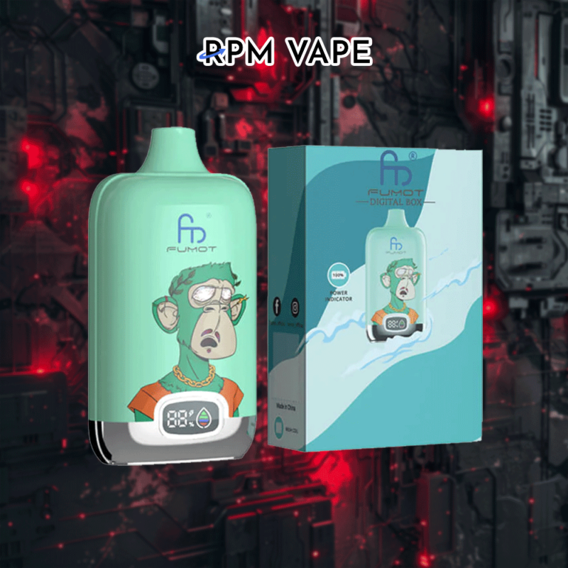 Ein türkisfarbenes RPM-Vaping-Gerät mit einer digitalen Anzeige und einem Cartoon-Affen-Design neben der Verpackungsbox mit ähnlichem Branding, vor einem dunklen, futuristischen Hintergrund.