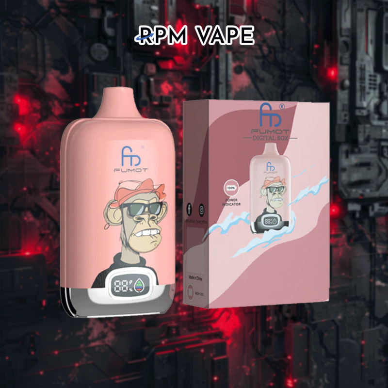 Ein rosa Fumot RPM Vape mit Digitalanzeige steht neben der passenden Verpackung vor einem dunklen Hintergrund mit Cyber-Thema und roten Highlights.