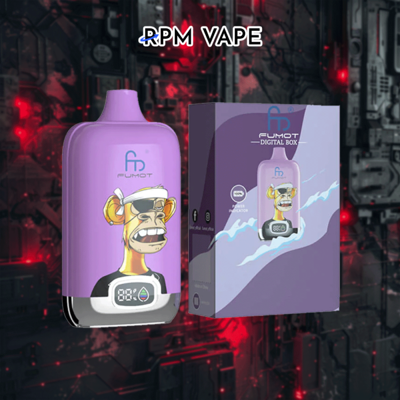 Ein violettes RPM-Vaping-Gerät und seine Verpackung, auf der Vorderseite ist ein Comic-Affe mit Sonnenbrille vor einem futuristischen, rot beleuchteten Industriehintergrund abgebildet.