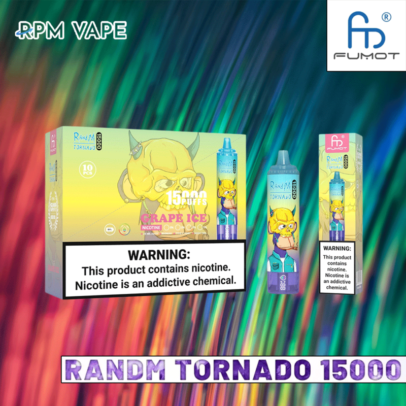 Promotional image for the R and M Tornado 15000, a vape product featuring a box, vape device, and packaging with a cartoon demon character, displaying text with nicotine warning against a colorful, abstract background.