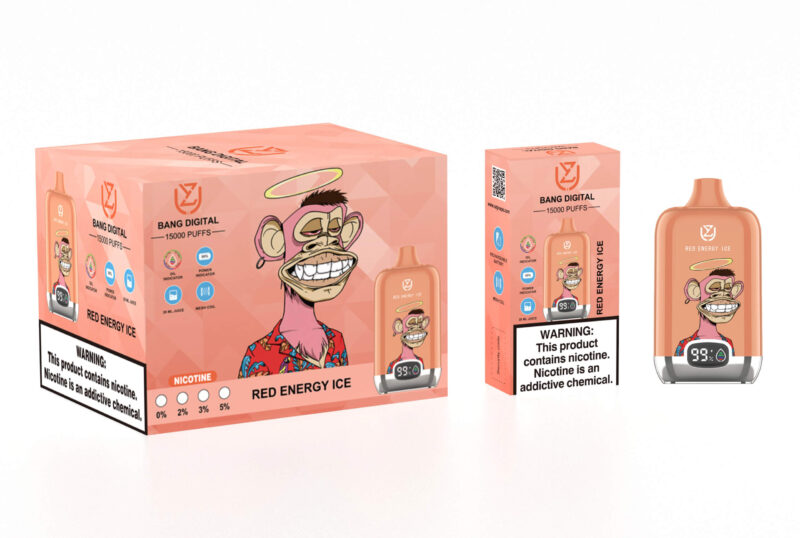 Förpackning och produkt av Bang Digitals "Red Energy Ice" 15000 puff vape, med en tecknad apa med en gloria och en nikotinvarning.