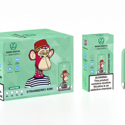 Verpakking voor de Strawberry Kiwi e-sigaret van Bang Digital met een NFT-geïnspireerde illustratie van een aap, goed voor 15.000 trekjes en opvallende kenmerken zoals olie- en energie-indicatoren, met een nicotinewaarschuwingslabel op een prominente plaats.