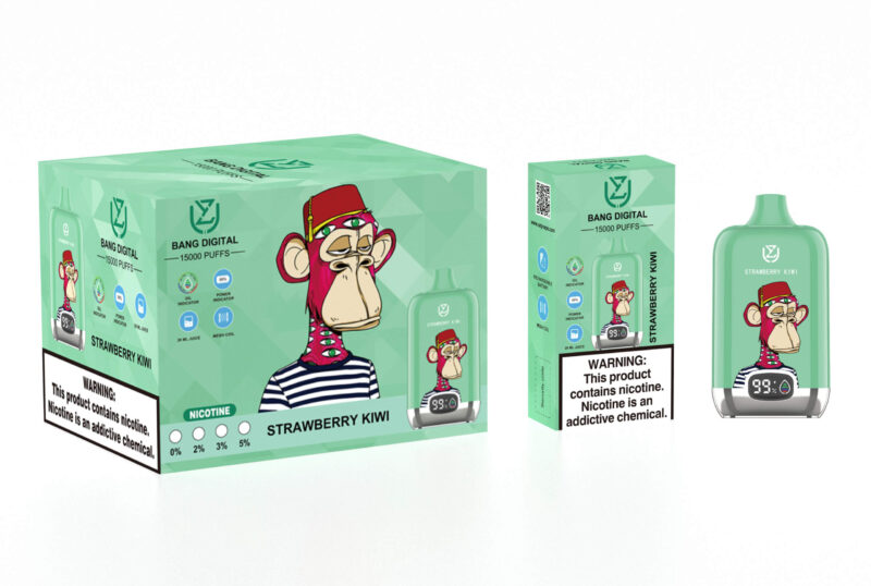 Förpackning för Bang Digitals Strawberry Kiwi e-cigarett med en NFT-inspirerad apaillustration, med 15 000 bloss och markerade funktioner som olje- och effektindikatorer, med en nikotinvarningsetikett väl synlig.