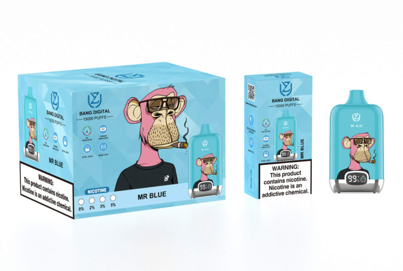 Förpackning och design av Bang Digitals "Mr Blue" engångsvape, med en tecknad rosa apa som röker en cigarr, med en varning om nikotin på kartongen.