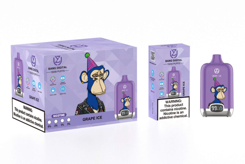 Förpackning av Bang Digital vapeapparat med druvissmak med en tecknad apa som bär en festhatt, märkt med 15 000 bloss och nikotinvarning.
