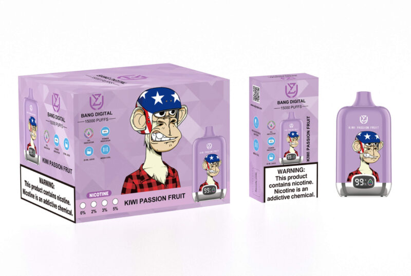 Lila förpackning av Bang Digital vape som visar en tecknad apa som bär en stjärnmönstrad hjälm med varningsetikett om nikotinberoende; produktsmaken är Kiwi Passion Fruit och den erbjuder 15 000 puffar.