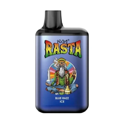 Dispositivo de vapeo que presenta ilustraciones coloridas de un hombre rastafari con barba larga fumando, rodeado de colores psicodélicos y el texto 'K & M RASTA Blue Razz Ice'.