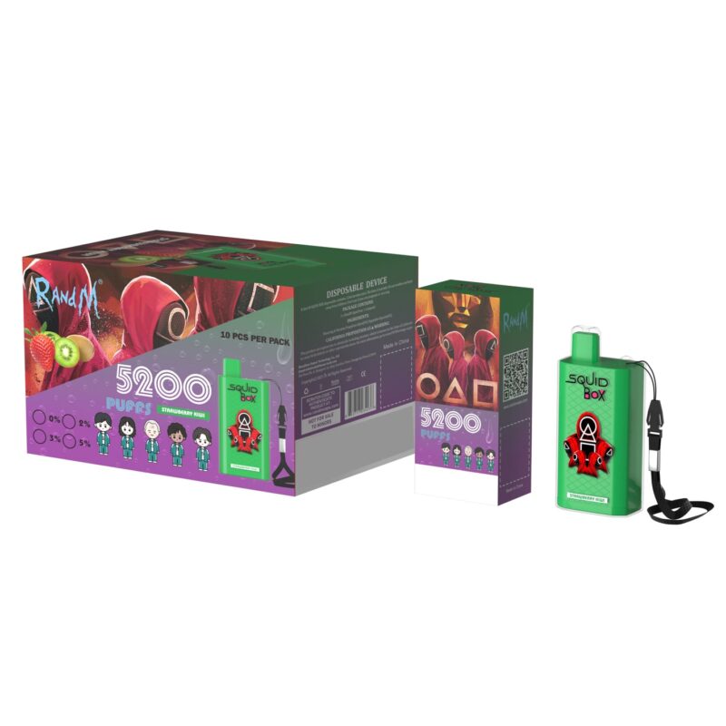 La imagen muestra un dispositivo de vapeo desechable Squid Box en color verde con un empaque que resalta "5200 bocanadas" y presenta ilustraciones de personajes que recuerdan a un popular programa de televisión, con sabor a fresa y kiwi indicado en la caja.