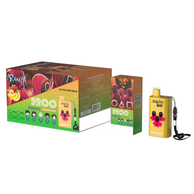 Embalaje y dispositivo de vapeo desechable con temática inspirada en un popular programa de televisión, con la marca "Squid Box", etiquetado para 5200 bocanadas en sabor a fresa y plátano junto con representaciones de dibujos animados de los personajes.