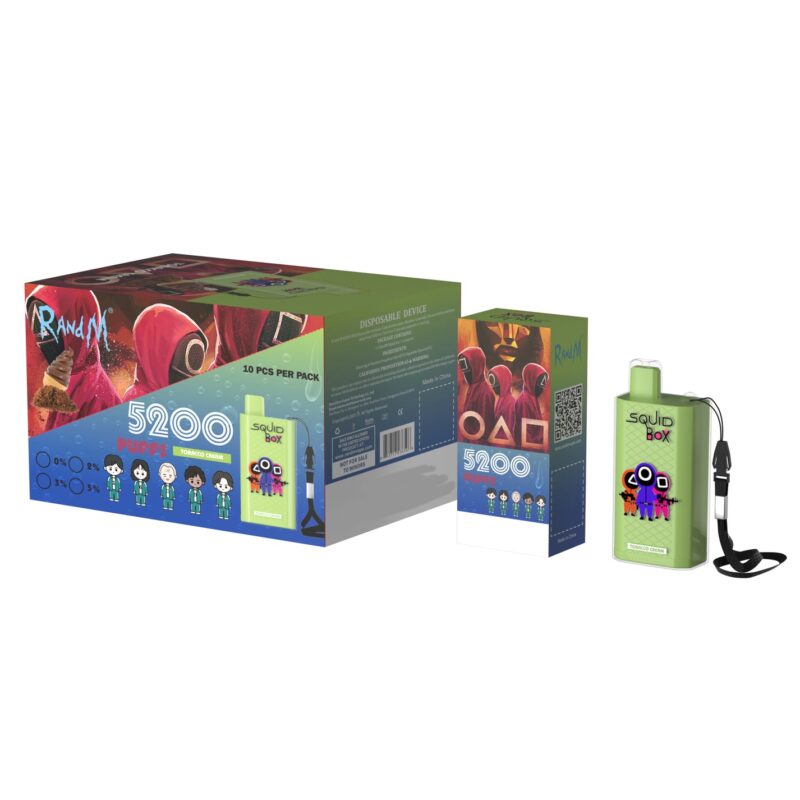 Embalaje de un dispositivo de vapeo desechable llamado "5200 Puffs Squid Box" que presenta gráficos coloridos inspirados en un popular programa de televisión, con personajes en rojo y símbolos como círculo, triángulo y cuadrado en la caja y el dispositivo.