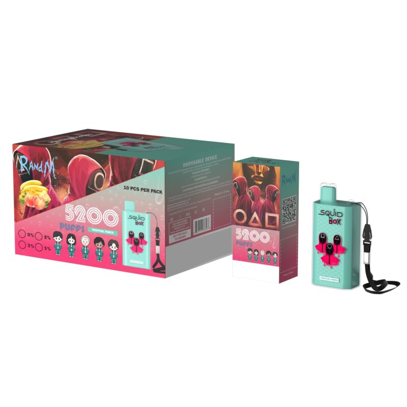 Embalaje para un dispositivo de vapeo desechable 'Squid Box' con un esquema de colores verde azulado, que muestra de forma destacada el número '5200 bocanadas' y presenta diseños inspirados en el tema de una popular serie de televisión.