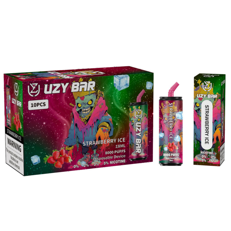 Confezione colorata per lo svapo usa e getta Uzy Bar al gusto di fragola ghiacciata, raffigurante una vivace grafica di mostri e frutta in stile cartone animato, con etichette che indicano 18 ml, 8000 boccate e opzioni di contenuto di nicotina.
