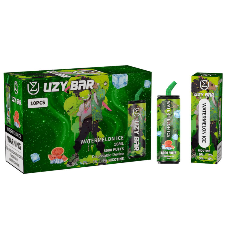 Confezione ed esposizione del prodotto del dispositivo di svapo monouso UZY BAR Watermelon Ice, con grafica colorata e dettagli del prodotto, tra cui 8000 boccate e opzioni di contenuto di nicotina.
