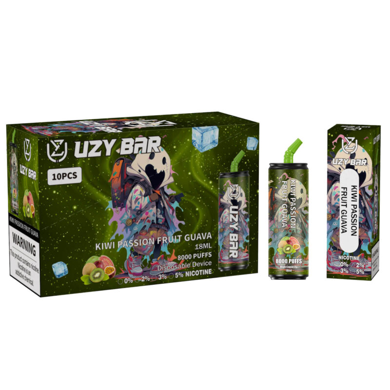 Confezione monouso per sigarette elettroniche del marchio Uzy Bar al gusto di kiwi, frutto della passione e guava, con una grafica che include 8000 boccate, volume di 18 ml e livelli di nicotina fino a 5%.