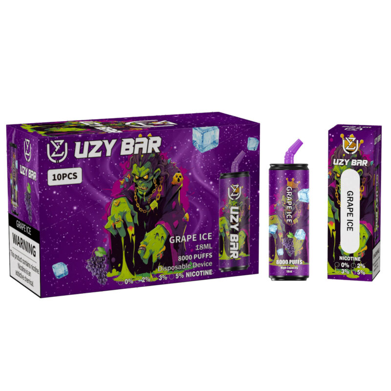 Immagine della confezione dello svapo usa e getta Uzy Bar Grape Ice, caratterizzato da un design vivace con un personaggio dei cartoni animati su sfondo viola e dettagli sulla capacità di 18 ml, 8000 boccate e nicotina 5%.