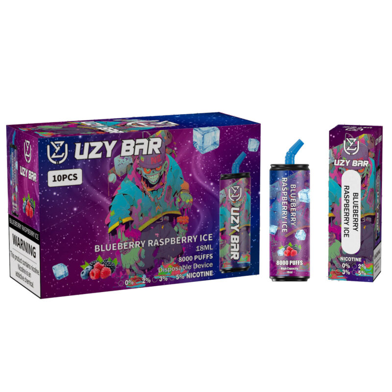Confezione per dispositivi di svapo monouso Uzy Bar Blueberry Raspberry Ice, caratterizzata da un vivace design viola e blu con immagini di cubetti di ghiaccio e bacche, che consente fino a 8000 boccate.