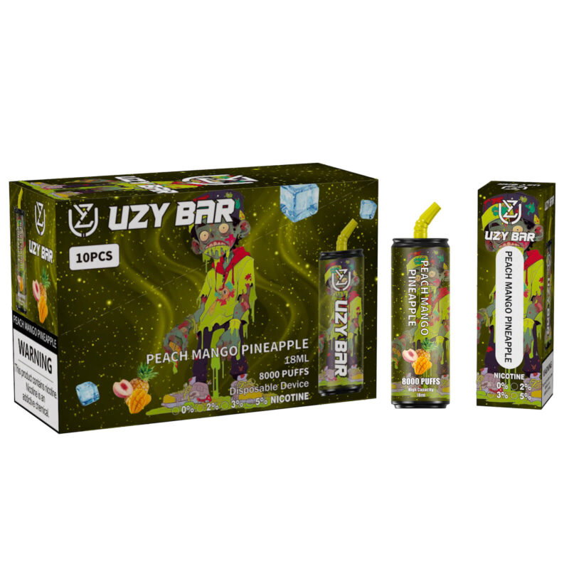 Confezione di sigarette elettroniche usa e getta Uzy Bar con tema zombie dei cartoni animati, etichetta con aroma "Pesca Mango Ananas", contenuto di 18 ml, 8000 boccate e percentuali di nicotina su uno sfondo cosmico verde e nero.
