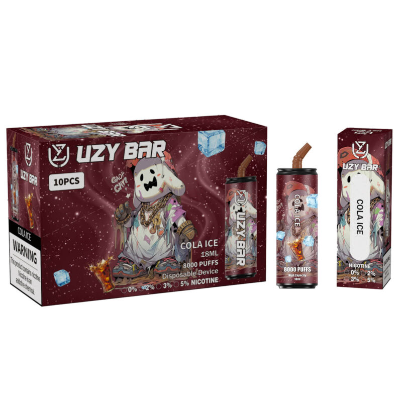 Confezione e dispositivo del gusto Uzy Bar Cola Ice, raffigurante un personaggio dei cartoni animati con una maschera sul davanti, disponibile in un formato monouso per svapo con 8000 boccate e capacità di 18 ml, contenente livelli di nicotina di 0%, 2%, 3% e 5%.