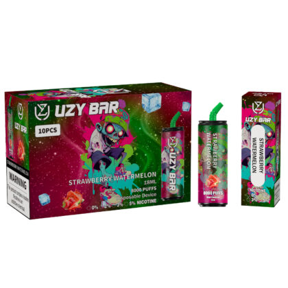 Färgglad förpackning av Uzy Bar engångsvape med smak av jordgubbsvattenmelon, med en seriefigurdesign och indikationer på 18 ml kapacitet, 8000 bloss och 5% nikotin.