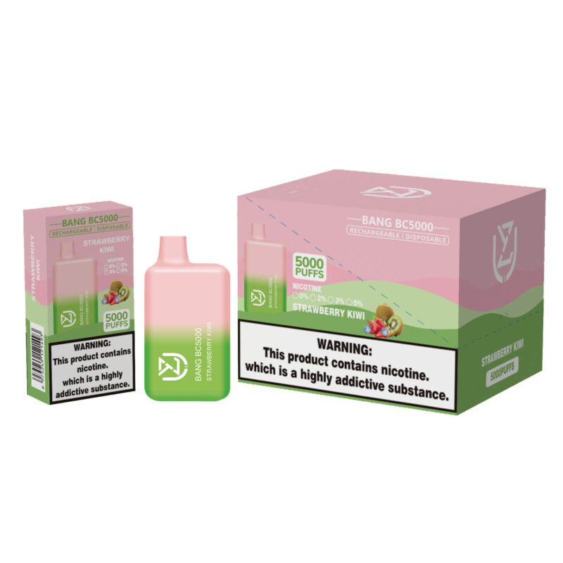 Appareil de vapotage jetable rechargeable Bang BC5000 dans un emballage au goût de fraise kiwi, affichant un design rose et vert avec une étiquette d'avertissement de nicotine indiquant qu'il contient une substance hautement addictive et indique 5000 bouffées par appareil.