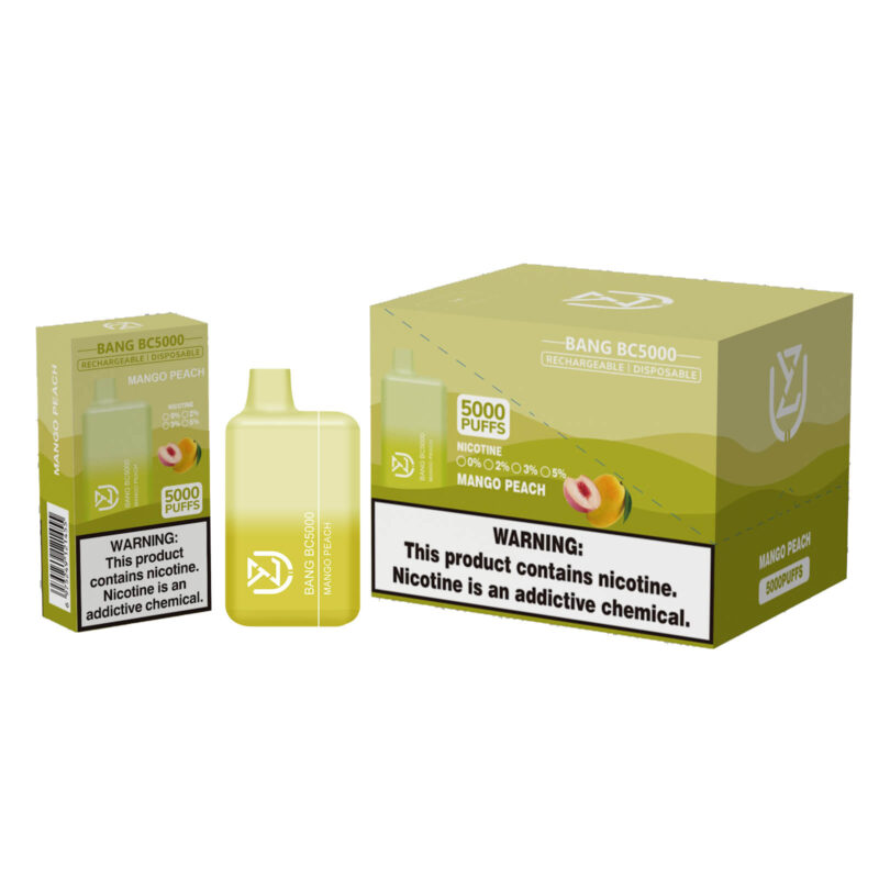 Emballage et produit de la vape jetable Bang BC5000 Mango Peach, mettant en évidence l'étiquette d'avertissement indiquant que la nicotine crée une dépendance.