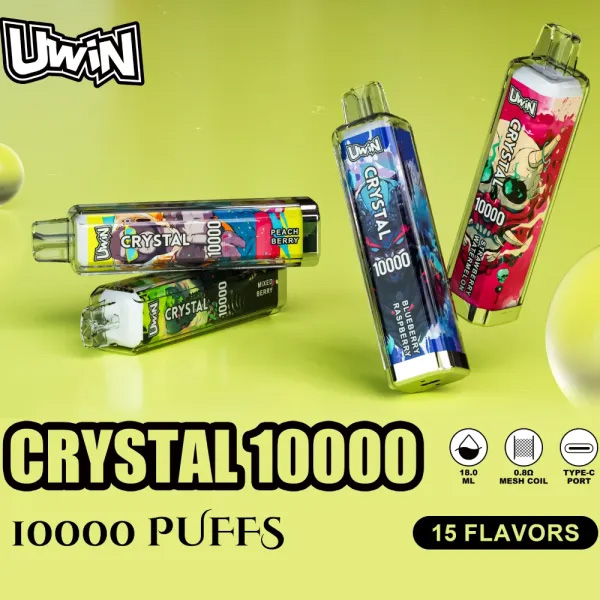 Appareils de vapotage jetables Uwin Crystal 10000 aux saveurs variées, dotés d'un design élégant, de 10 000 bouffées, d'une capacité de 18,0 ml, d'une bobine en maille de 0,8 Ω et d'un port de charge de type C.