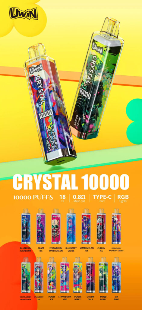 Uwin Crystal 10000 vape-apparaten met kleurrijke ontwerpen, 10.000 trekjes, 18 ml capaciteit, 0,8Ω mesh-coil, Type-C-opladen en RGB-verlichting; verschillende smaken weergegeven, waaronder Blueberry Raspberry, Grape Ice en Mixed Berry.