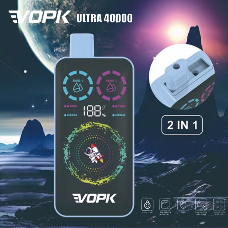 Een gedetailleerde weergave van het VOPK Ultra 40000-apparaat, met zijn strakke design, de mogelijkheid om twee smaken te gebruiken en verschillende pictogrammen tegen een achtergrond met ruimtethema.