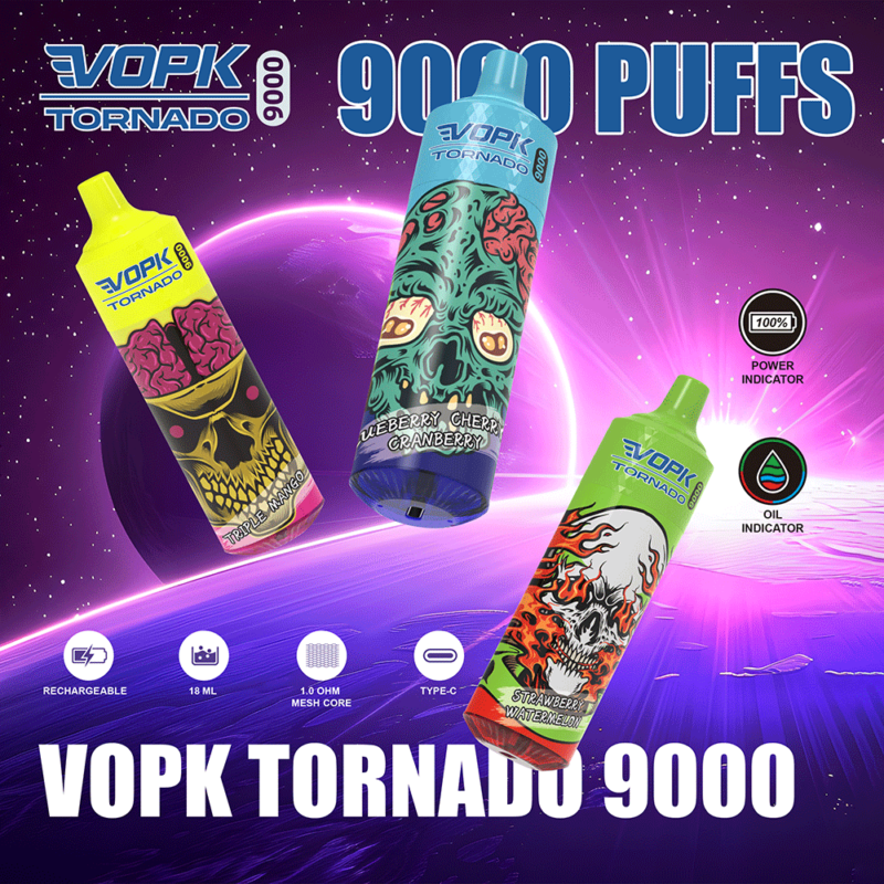VOPK TORNADO 9000 wegwerp-vapepennen met grafische ontwerpen die in de ruimte zweven, met smaken als Triple Mango, Blueberry Cherry Cranberry en Strawberry Watermelon.