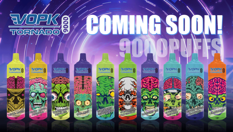 "VOPK Tornado 9000, binnenkort verkrijgbaar!" met een serie kleurrijke wegwerp-vape-apparaten met verschillende fruitmotieven.