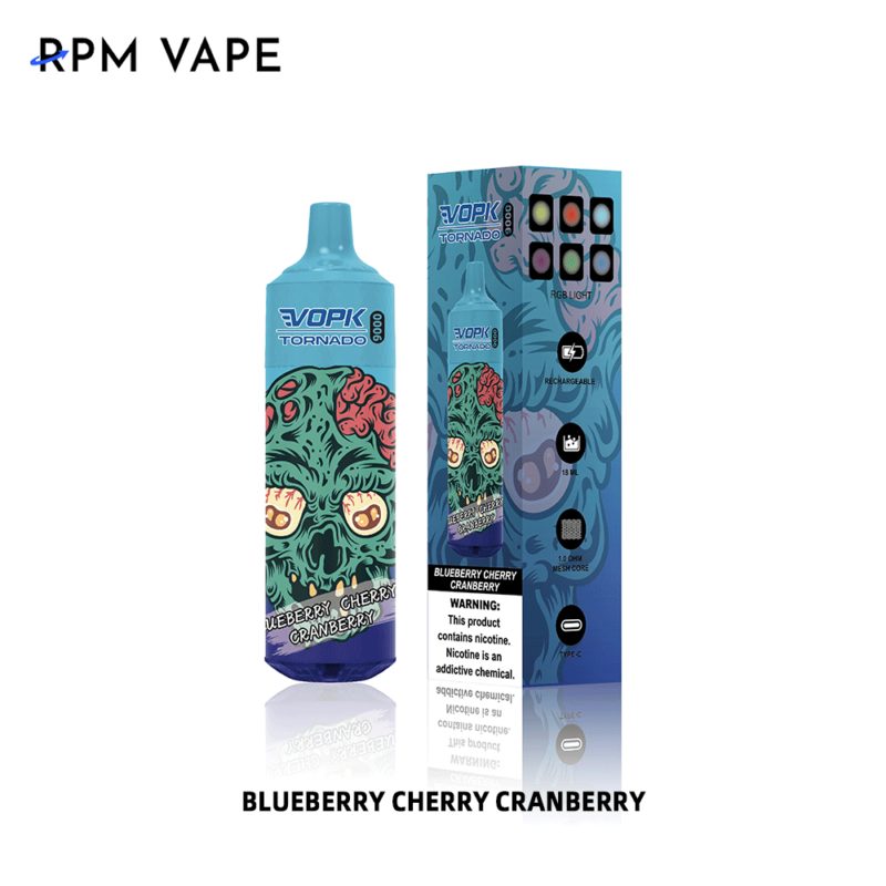 RPM Vape Blueberry Cherry Cranberry wegwerpvape en de verpakking hebben een kleurrijk design.