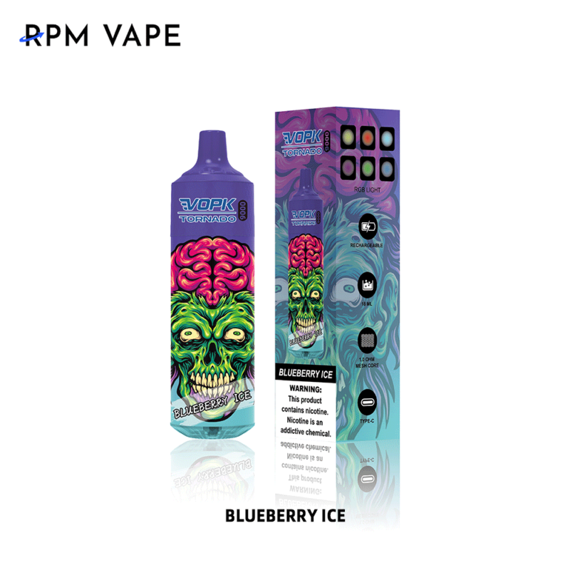 Paarse VOPK Tornado vape met een grotesk groen zombie-ontwerp en rode hersenen, naast de doos met het label "Blueberry Ice".
