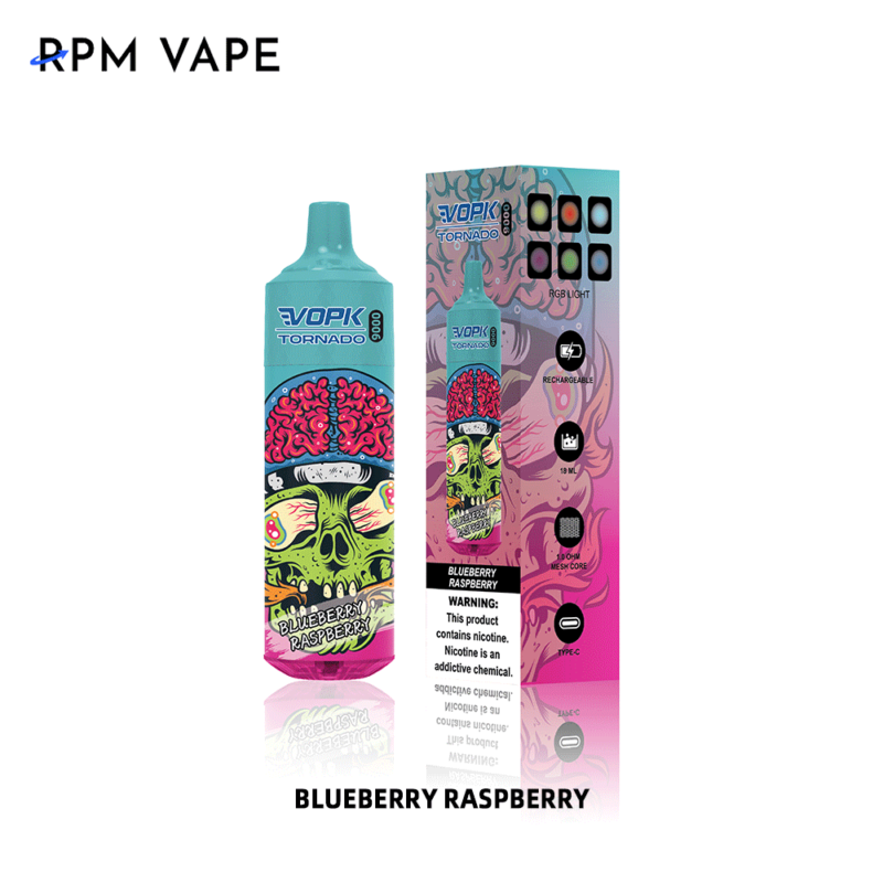VOPK Tornado 9000 vape-apparaat en verpakking in bosbessen-frambozensmaak met artwork van schedel en hersenen.