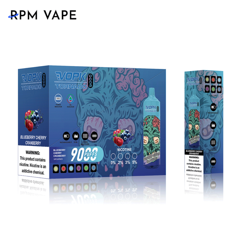 Doos en verpakking van een vaping-product met het merk "EVOK Tornado", met een ontwerp met een blauwe en roze abstracte afbeelding, en bosbessen en kersen. De smaak is gelabeld als "Blueberry Cherry Cranberry" en er is een nicotinewaarschuwing aanwezig.