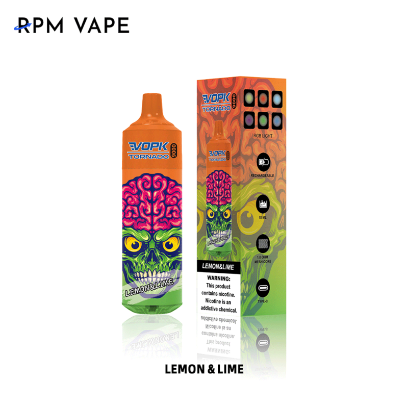 E-liquidflesje met kleurrijk design en verpakking met de tekst "EVOK Tornado", "Lemon & Lime" en waarschuwingen over het nicotinegehalte.