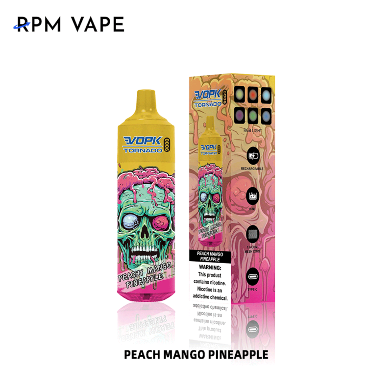 E-sigarettenverpakking met de afbeelding "Vopk Tornado" met een schedelontwerp, met de smaak "Peach Mango Pineapple".