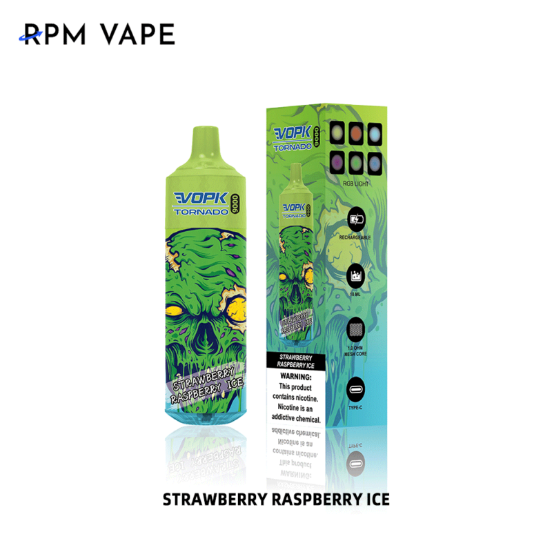 Groene vape-apparaat en bijpassende doos met "VOPK Tornado"-merk, met aardbei-frambozenijssmaak en waarschuwingslabel over nicotine.