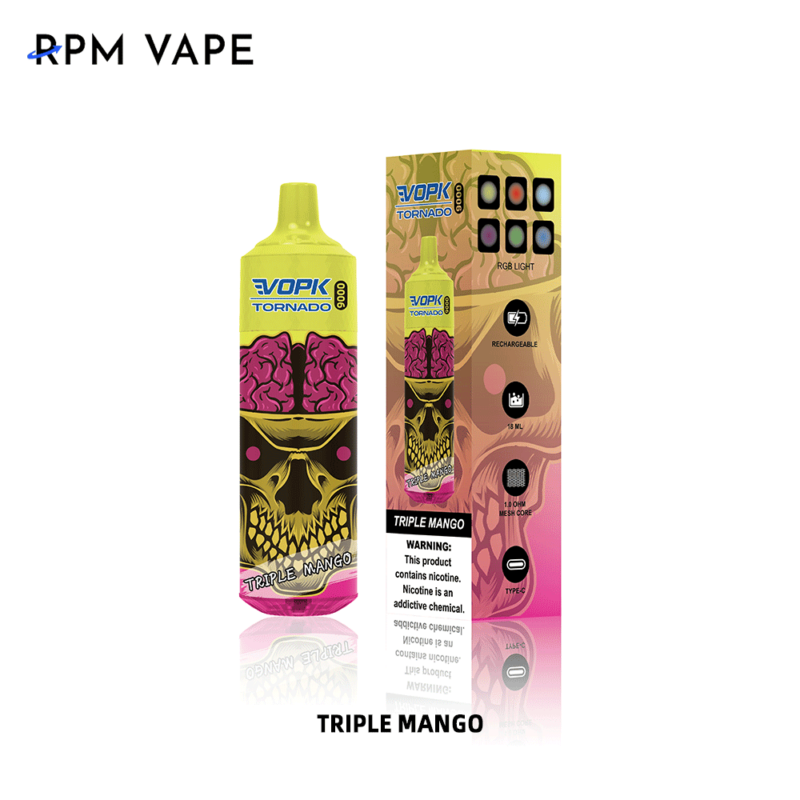 Vape-apparaat en verpakking met "RPM Vape"-merk, een schedelontwerp en de tekst "Triple Mango"-smaak.