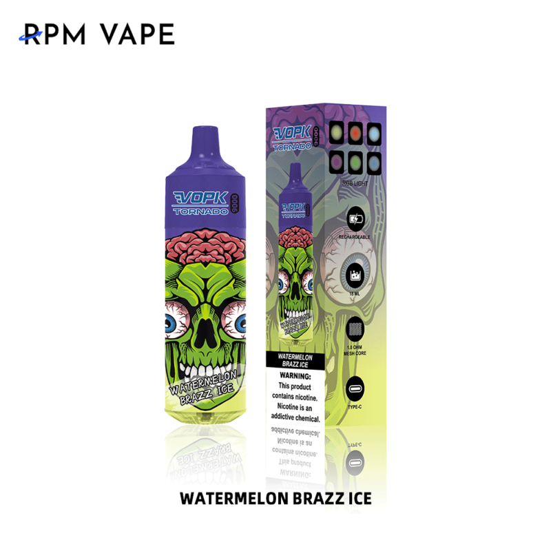 Vape-apparaat en verpakking met gedetailleerde afbeeldingen van een groene schedel en hersenen, met de merknaam "VOPK Tornado" in de smaak watermeloen-brazz-ijs.
