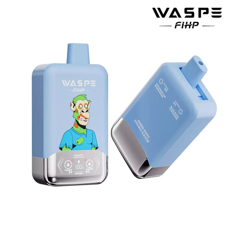 Blue disposable vape device with "WASPE FIHP" branding, featuring a cartoon character illustration on the front, dual flavor options, and a digital display at the bottom.