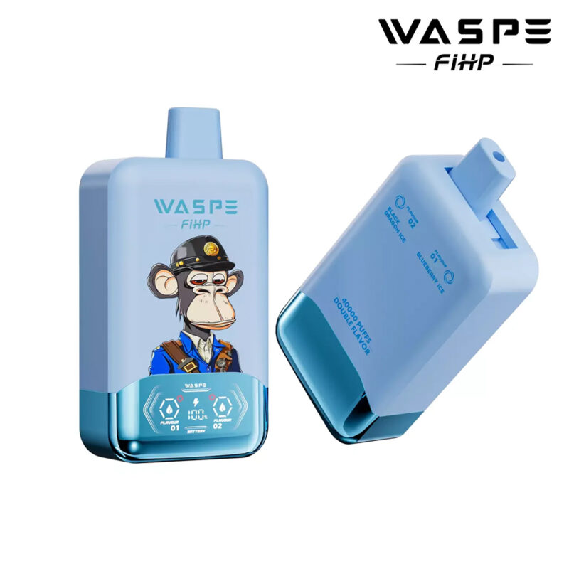 A blue vape device with dual flavor options, featuring a cartoon monkey in a police uniform on the front, and branding text "WASPE FIHP."