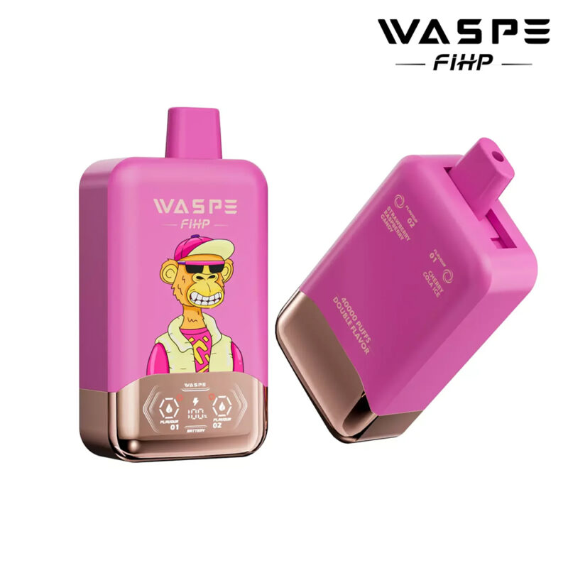 Two pink vape devices labeled "WASPE FIHP," featuring a cartoon monkey wearing sunglasses and a hat on the front, with dual-flavor and battery indicators.