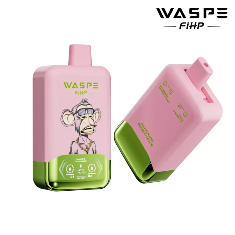 Pink and green disposable vape device with "WASPE FIHP" branding and a cartoon monkey illustration on the front.