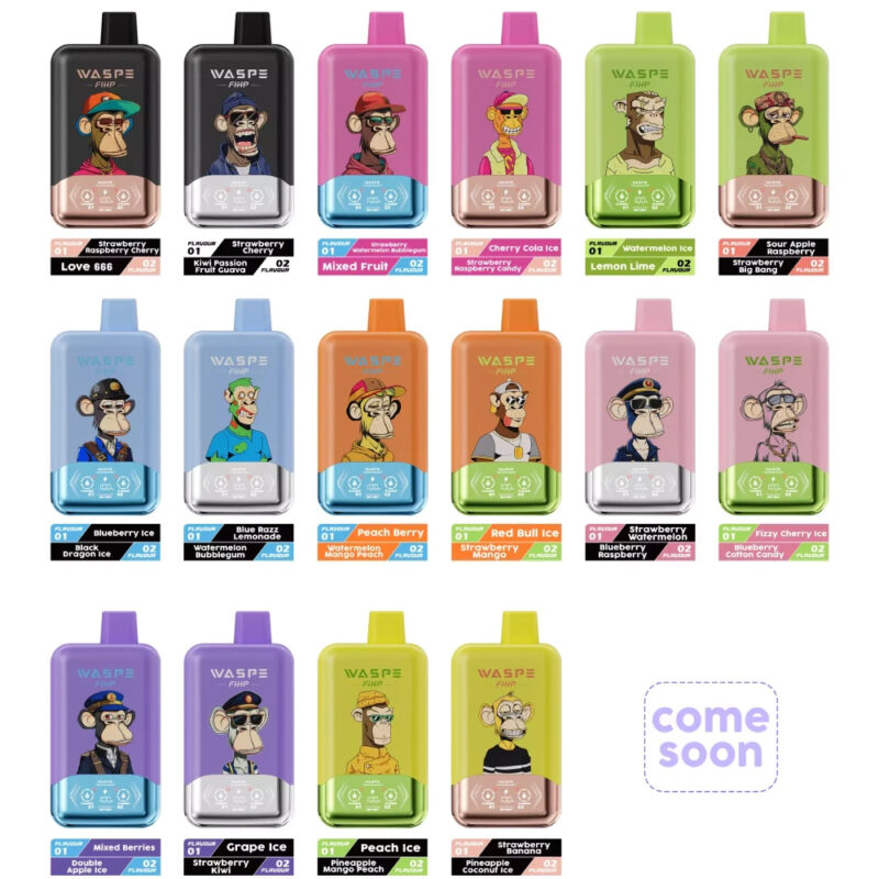 A variety of colorful disposable vape devices with "WASPE FIHP" branding, featuring cartoon ape illustrations and flavors like Mixed Fruit, Lemon Lime Ice, Peach Berry, and more, arranged in a grid.